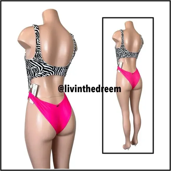 Beach Bunny Kelly Monokini One Piece Zebra Stripe and Barbie Pink SZ L $170